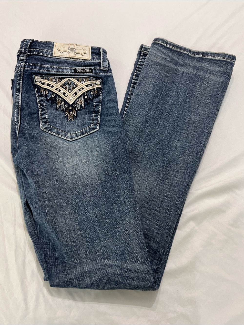 Miss Me Chloe Boot Jeans 26 Aztec Embellished Pockets 34” Inseam